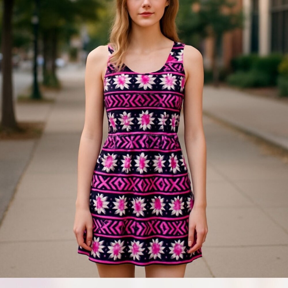 Monteau Tribal Aztec Dress S | Cutout Mesh Bodice | Low Back Knit Dress